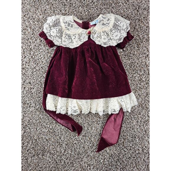 Other - Vintage Sarah Kent Baby Girls Sz 12M Formal Victorian Style Dress Burgundy Lace